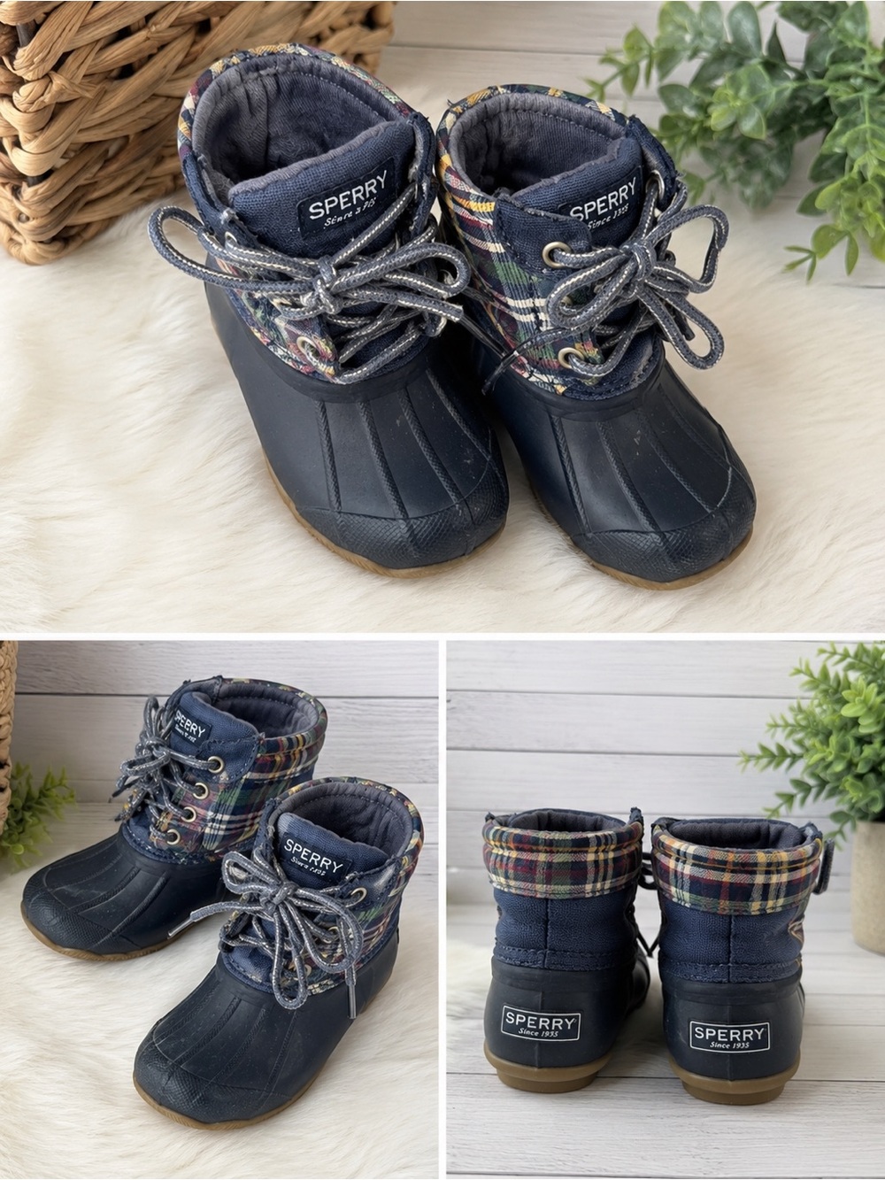 Sperry Navy with Multicolor Plaid Kids Rain & Snow Boots